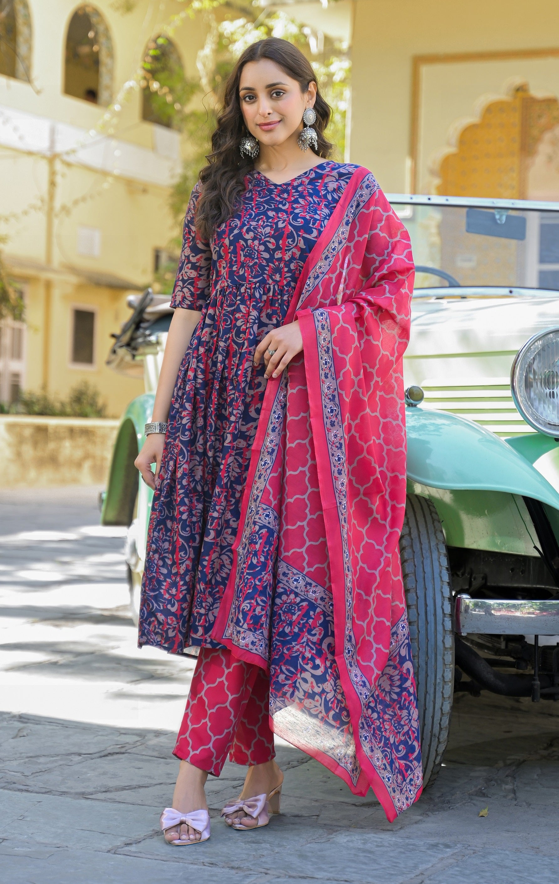 Nayra Flare Kurta Set – Indigo & Pink Bloom