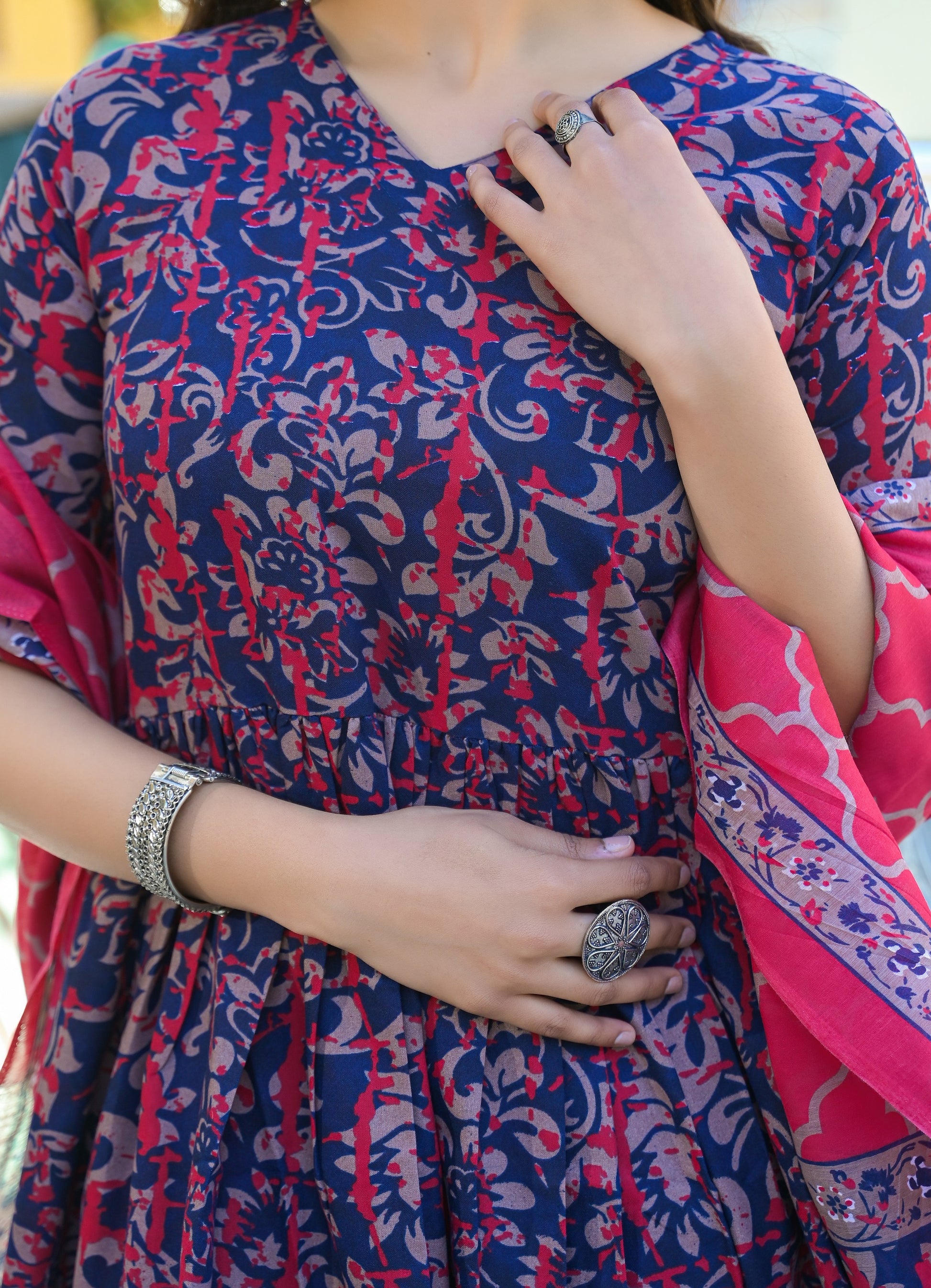 Nayra Flare Kurta Set – Indigo & Pink Bloom