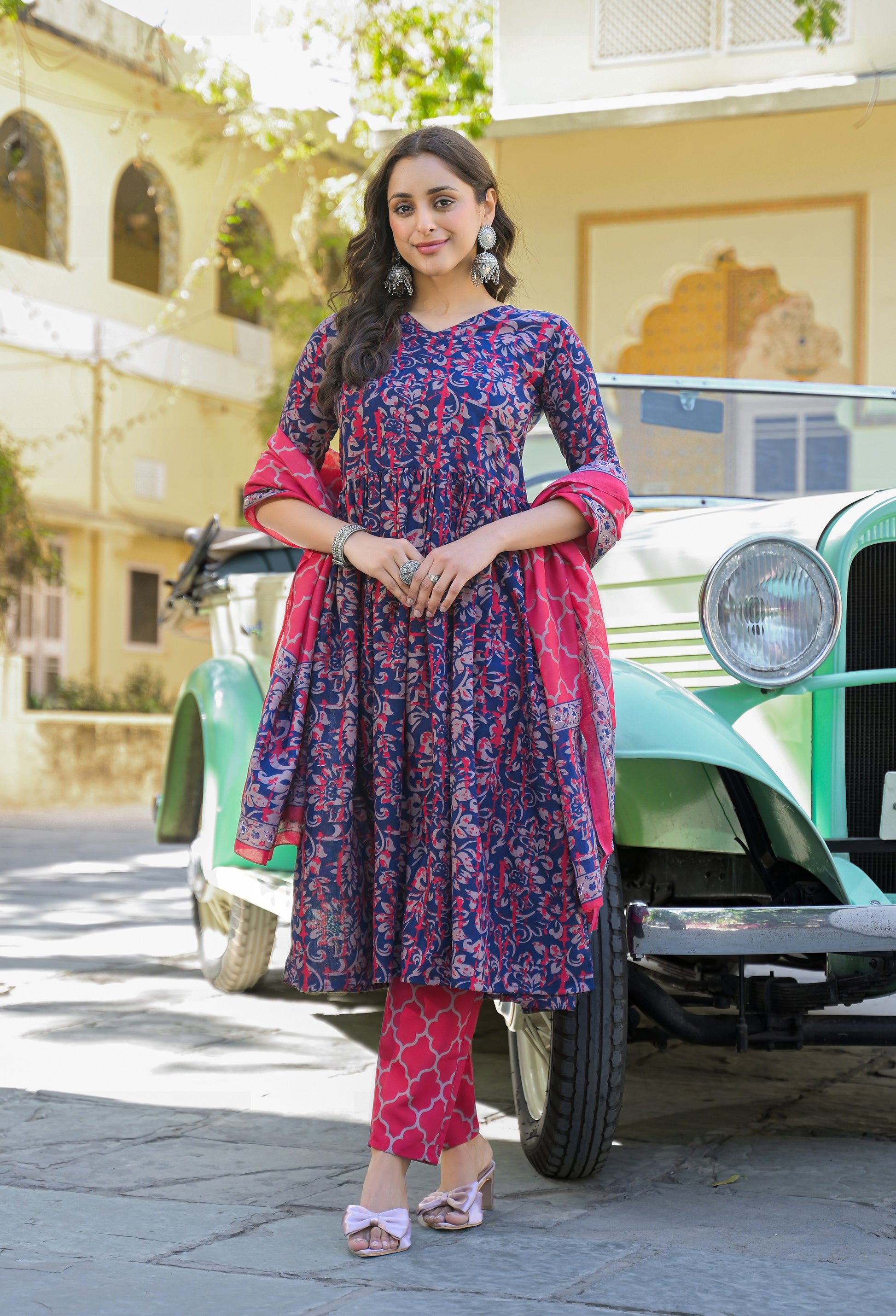 Nayra Flare Kurta Set – Indigo & Pink Bloom
