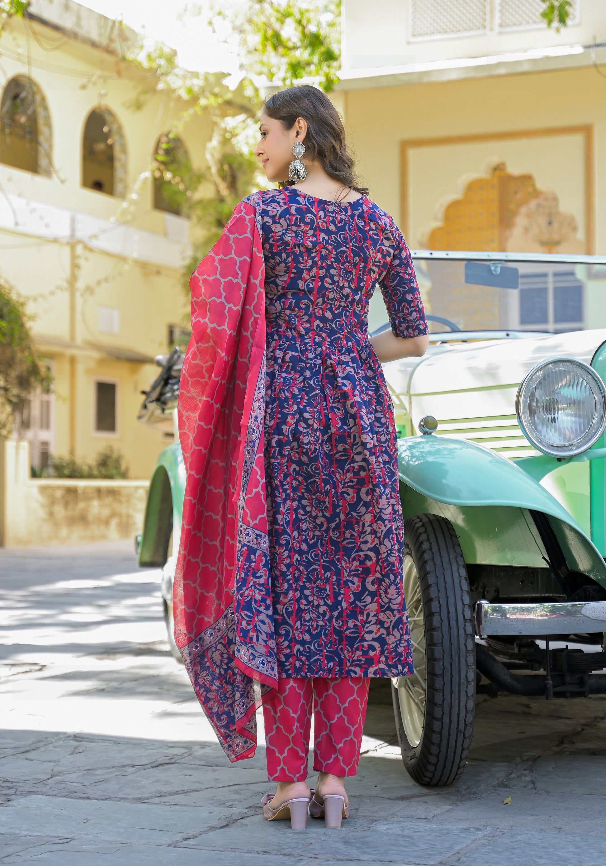 Nayra Flare Kurta Set – Indigo & Pink Bloom