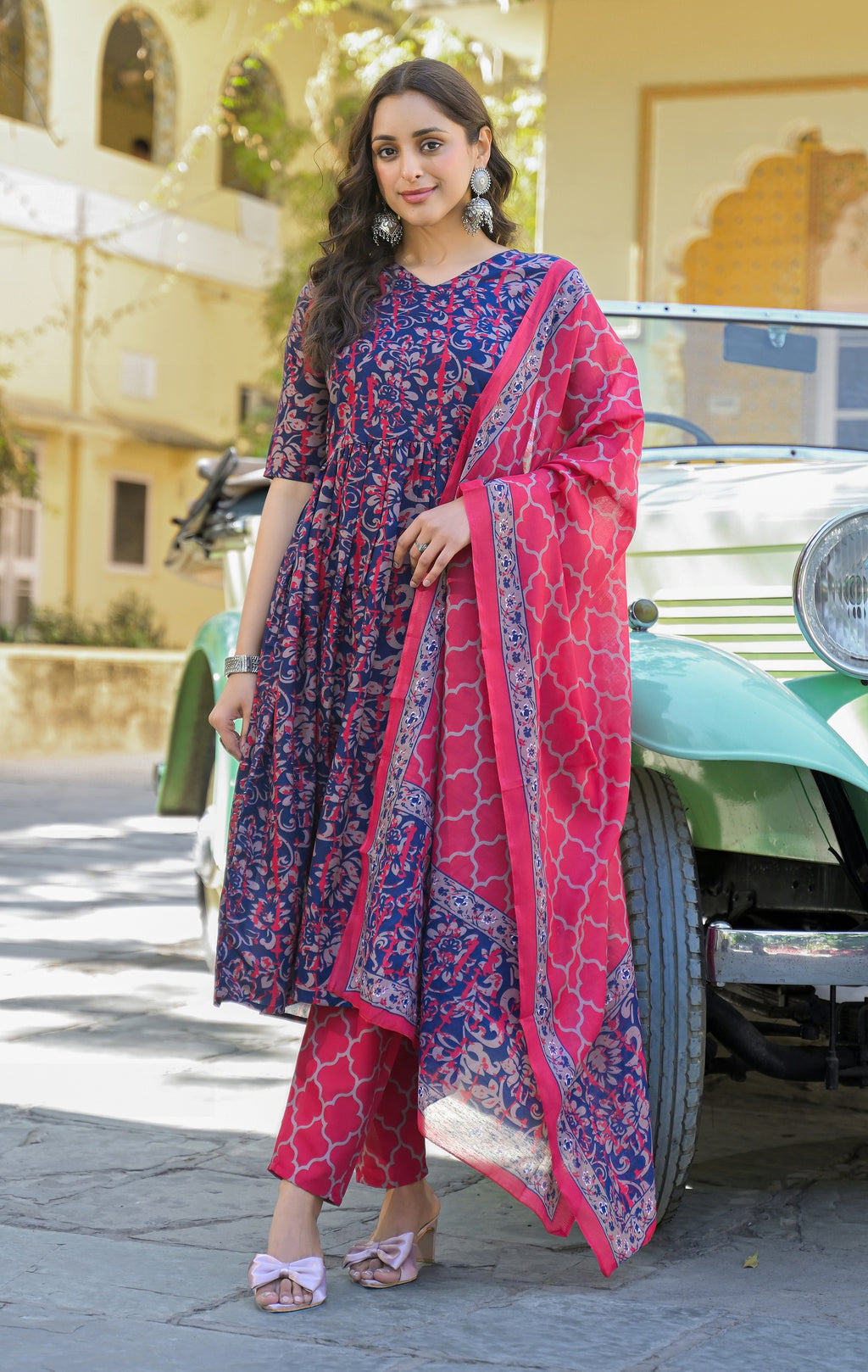 Nayra Flare Kurta Set – Indigo & Pink Bloom